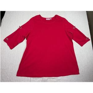 Quacker Factory Women 2X Red Knit 3/4 Split Rhinestone Sleeve Cruisewear Top